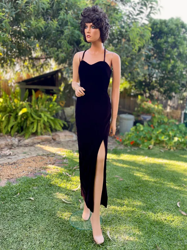 Black Velvet Evening Gown with Leg Slit