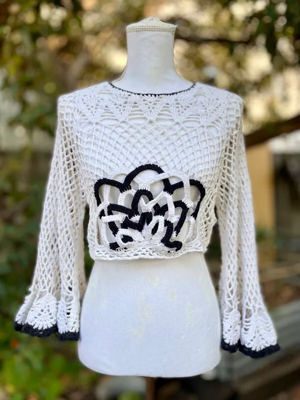 White Crochet Crop Top with Bell Sleeves