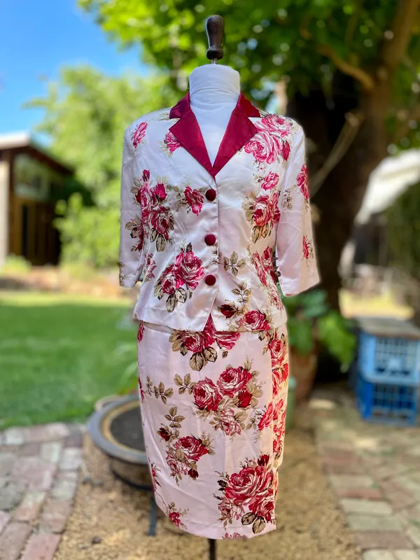Pink Two-Piece Floral Print Skirt Suit