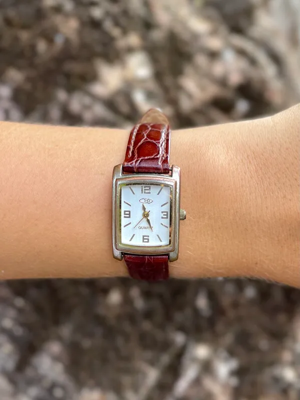 Croc Leather Band Wrist Watch with Rectangular Gold-Rimmed Face