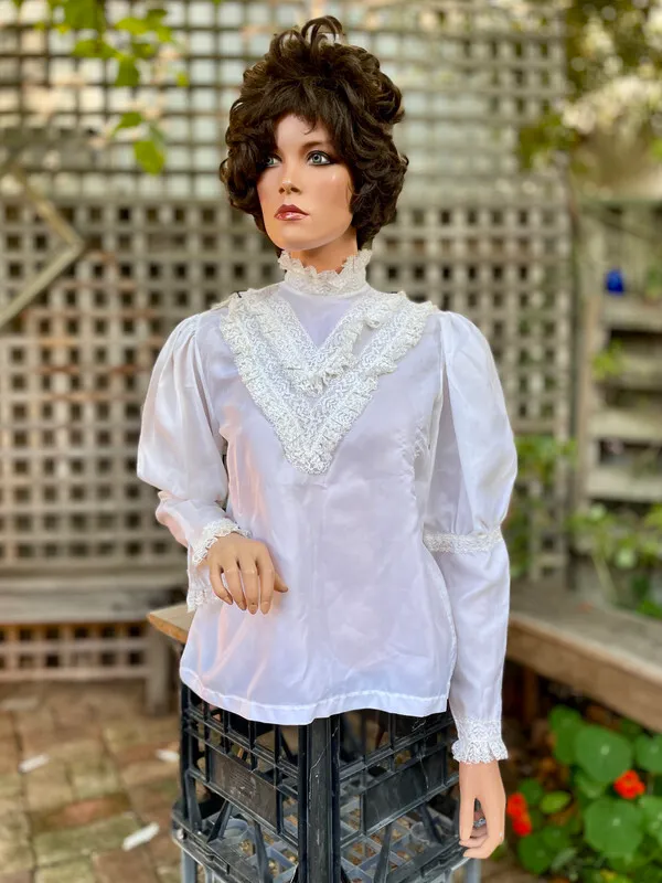 White High-Neck Blouse with Leg-O'Mutton Sleeves