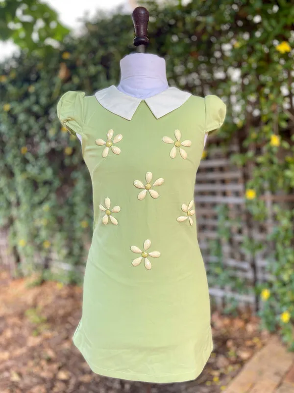 Green Shift Dress with Beaded Flowers