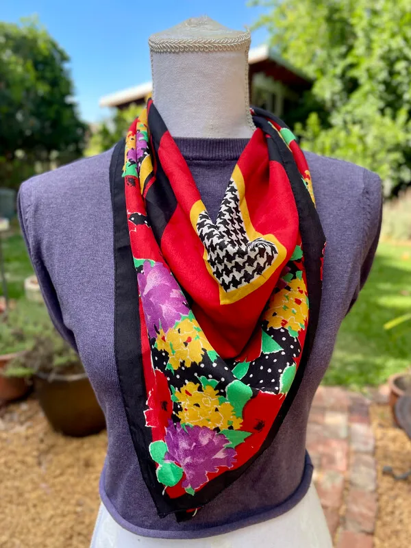 Floral Square Scarf with Houndstooth Pattern