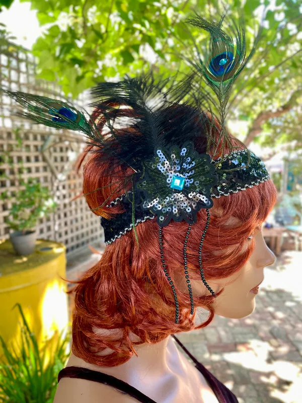 Black Sequined Headband with Peacock Feathers