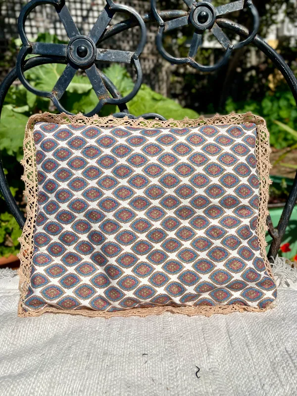 Small Paisley Print Cushion with Crochet Lace Trim