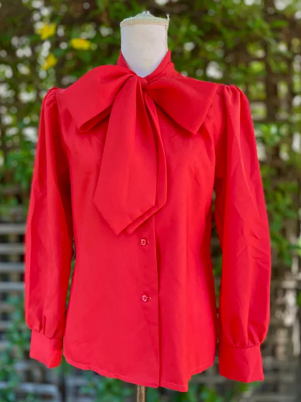 Red Long-Sleeve Pussybow Blouse with Gathered Sleeve