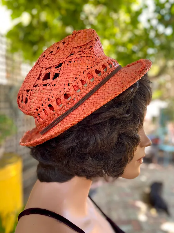 Orange Straw Fedora with Leather Band