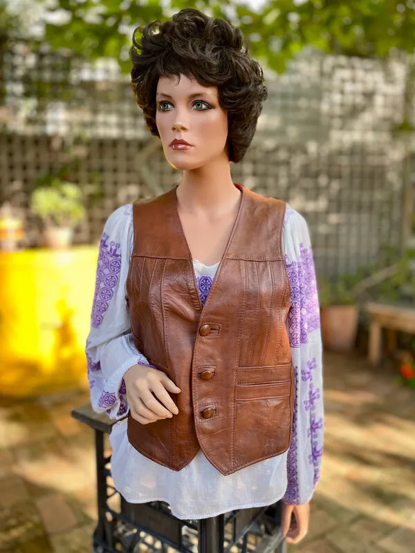 Brown Leather Waistcoat with Pockets