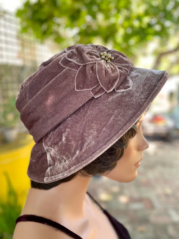 Purple Floral Velvet Cloche Hat
