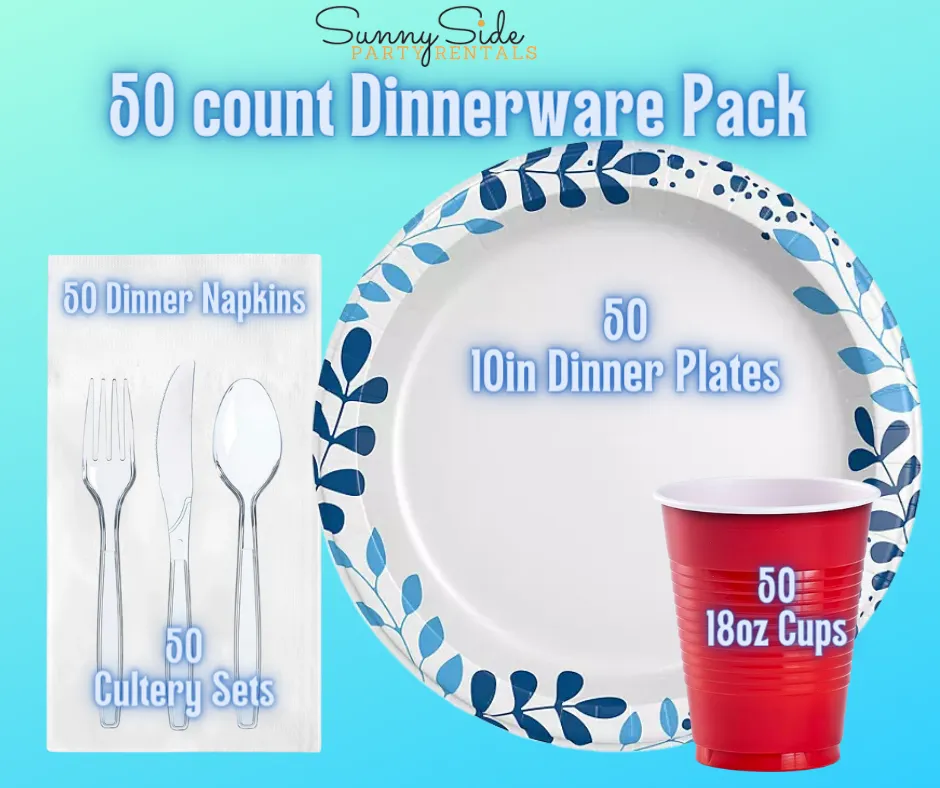 50ct Single-Use Dinnerware Pack (Plate + Cup + Napkin + Fork + Knife + Spoon)