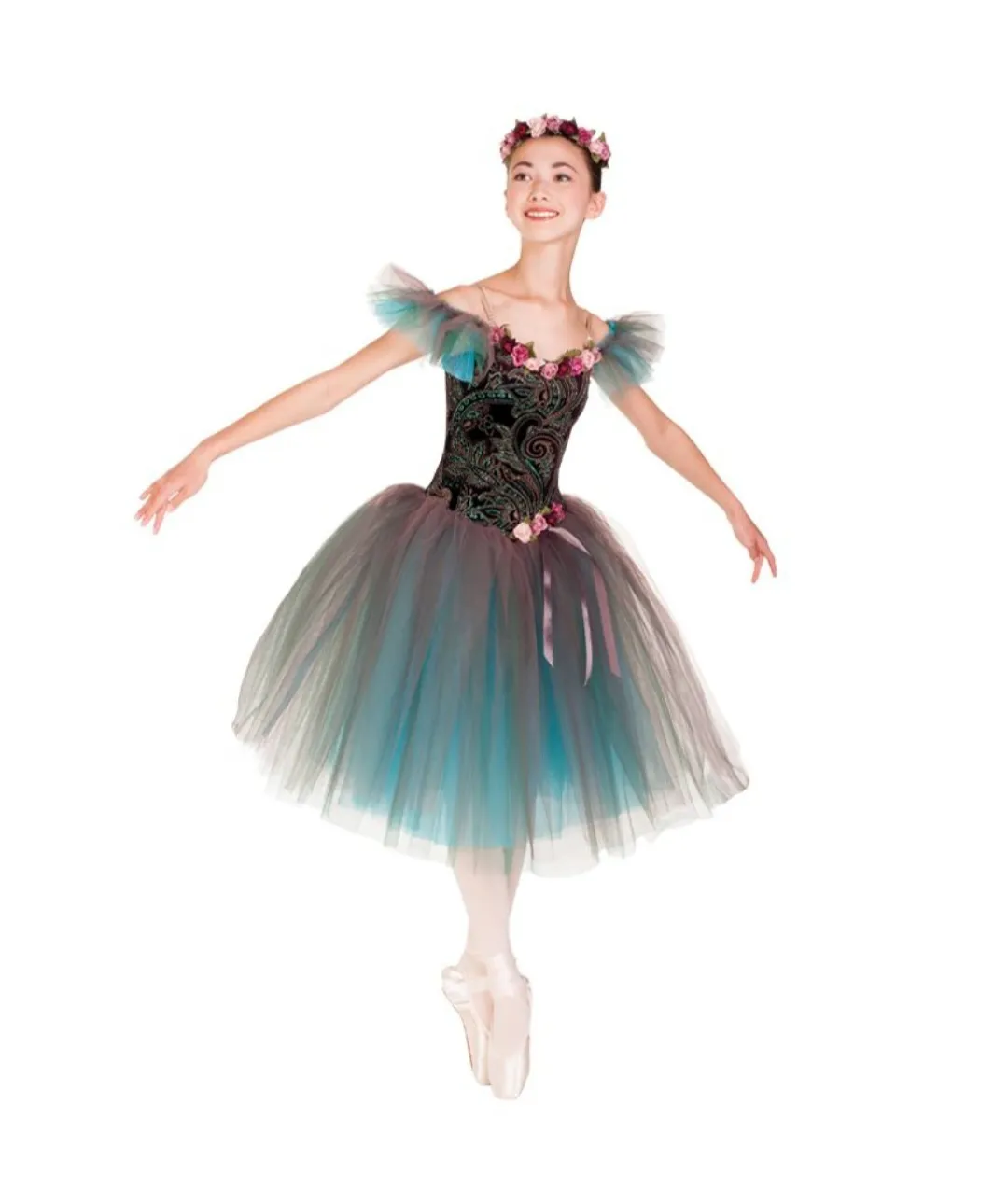 T201 - Green & Blue, Flower Detail Tutu Child Sizes 