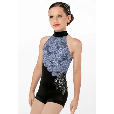 C33 - Black velvet applique unitard Adult Sizes