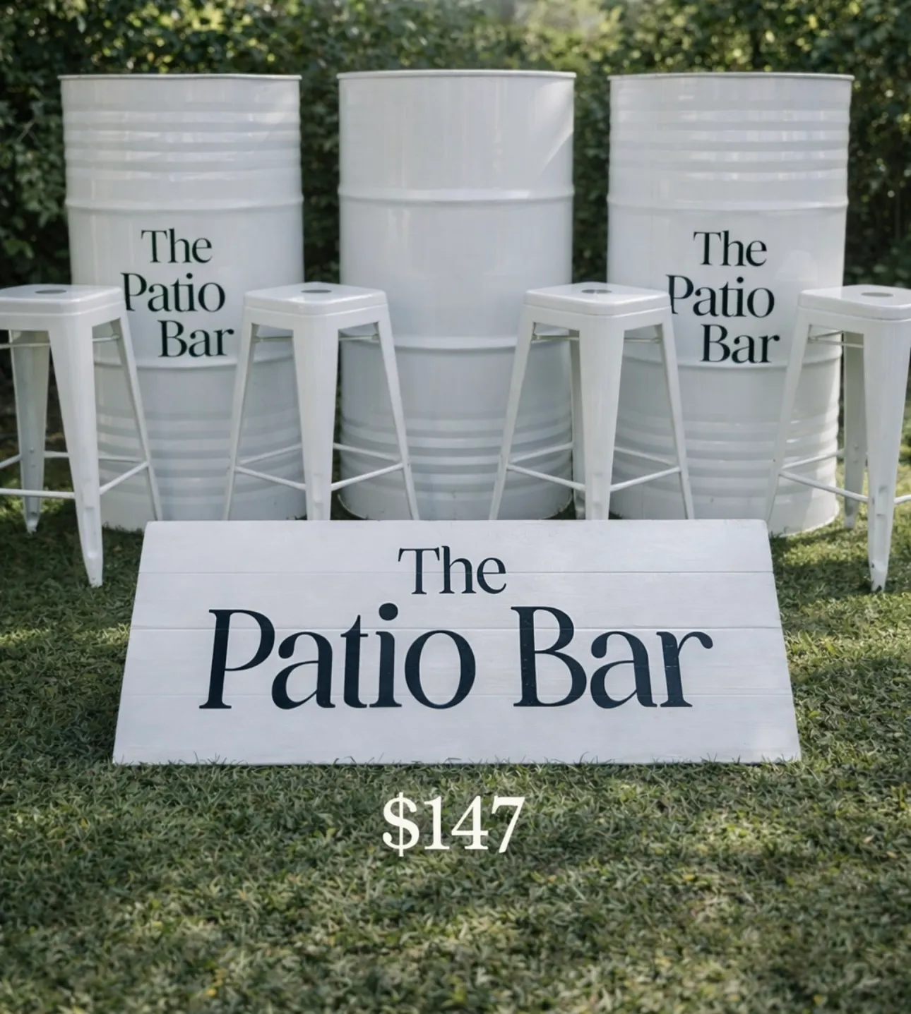 Bundle The Patio Bar Collection. 3 x White Drums, 4 x white Tolix stools 'The Patio Bar' Sign 