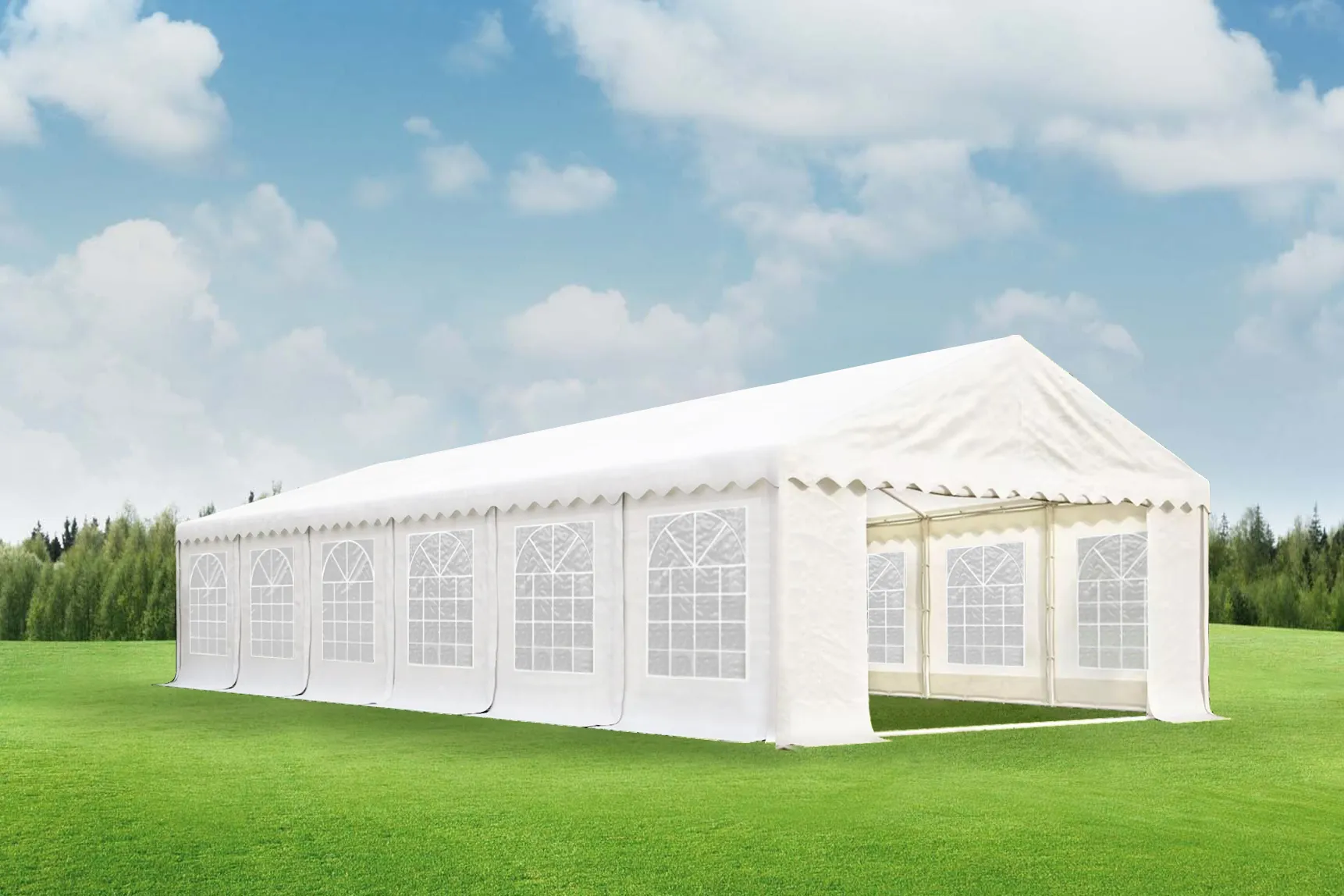 Marquee - 6x12 meter with white window walls or curtain style columns. White. 