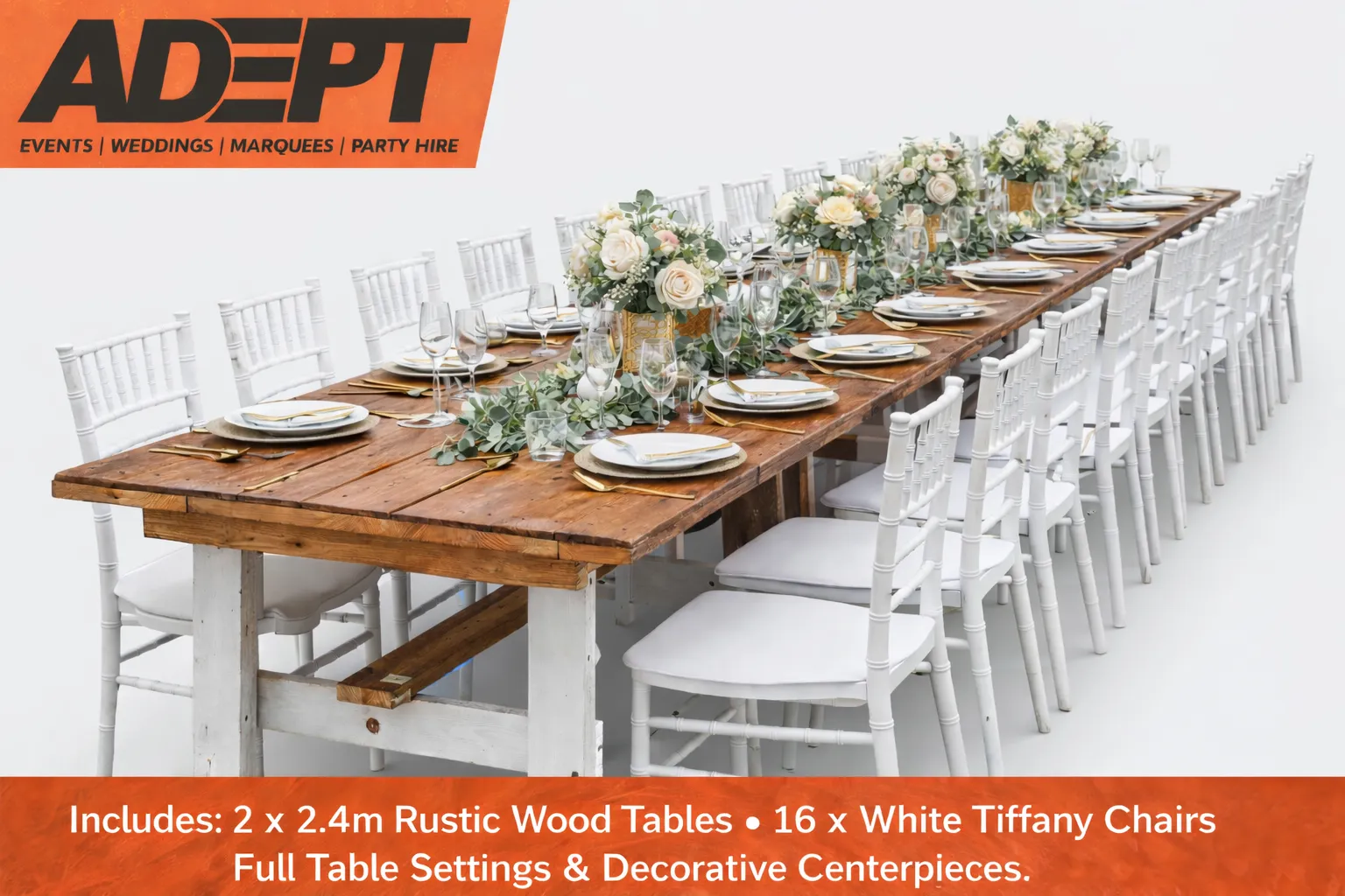Bundle Rustic Dining for 16 guests. Perfect for Effortless Entertaining