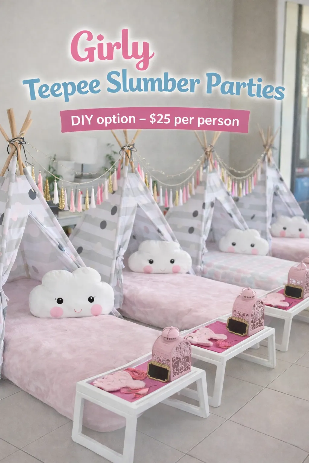 Bundle D.I.Y Teepee Slumber Party set up for 1 child. Add extra items for more children. 