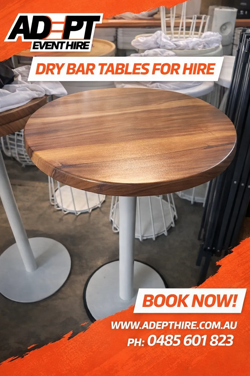 Table - Dry Bar with Laminate Wood Top Table and White Pole Leg and Base 