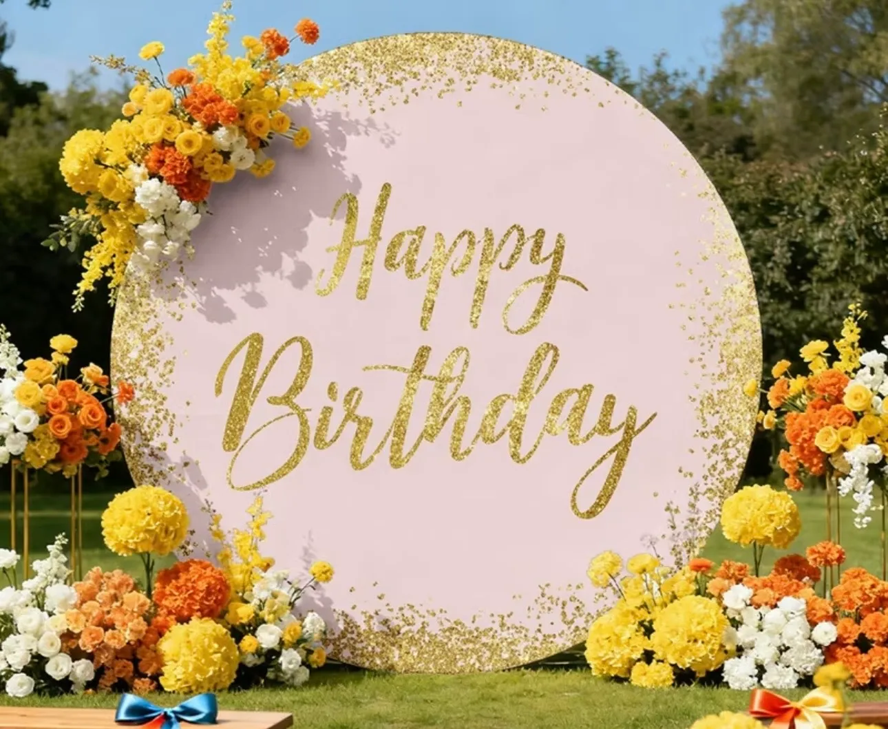 Backdrop Pink Happy Birthday on a White Circle backdrop Stan