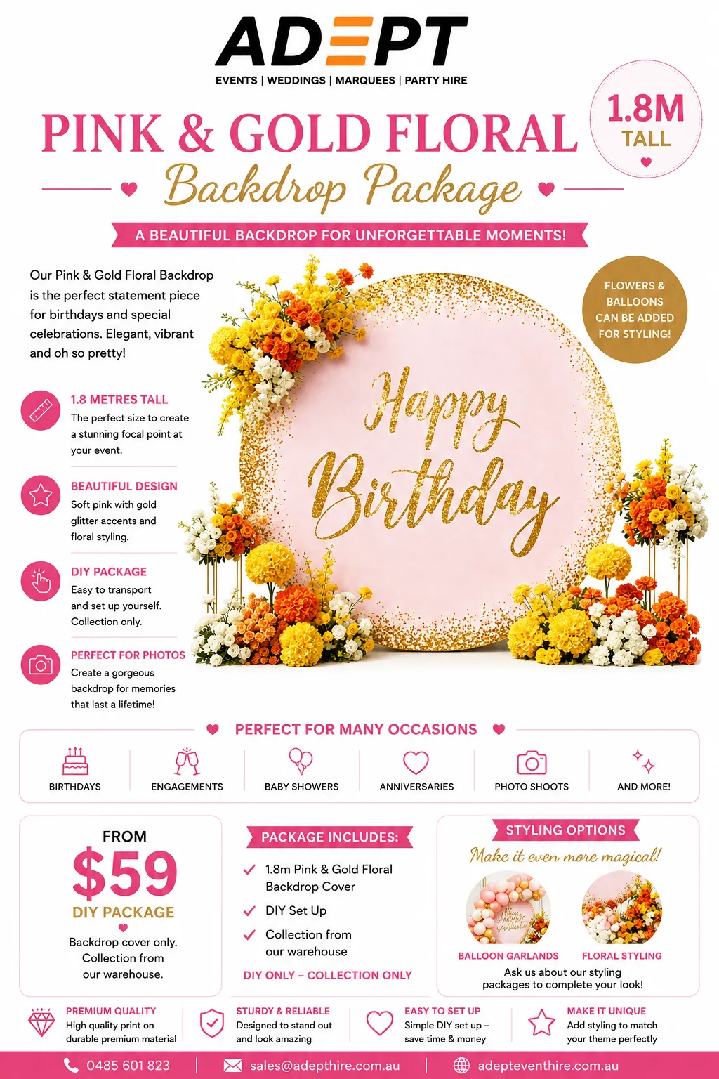 Backdrop Pink Happy Birthday on a White Circle backdrop Stan