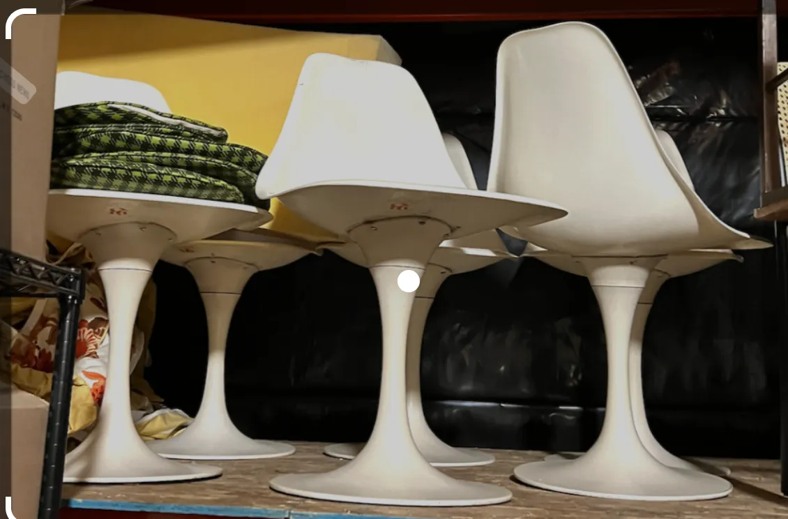 mid cen white knoll fiberglass tulip chairs swivel with plaid cushions 