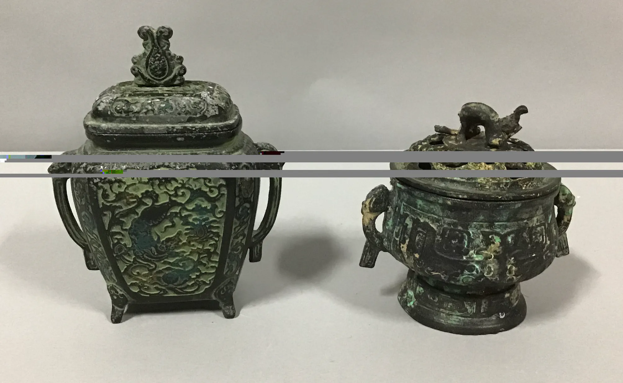 japanese incense burners green patina brass bronze 6"x8"h dragon motif