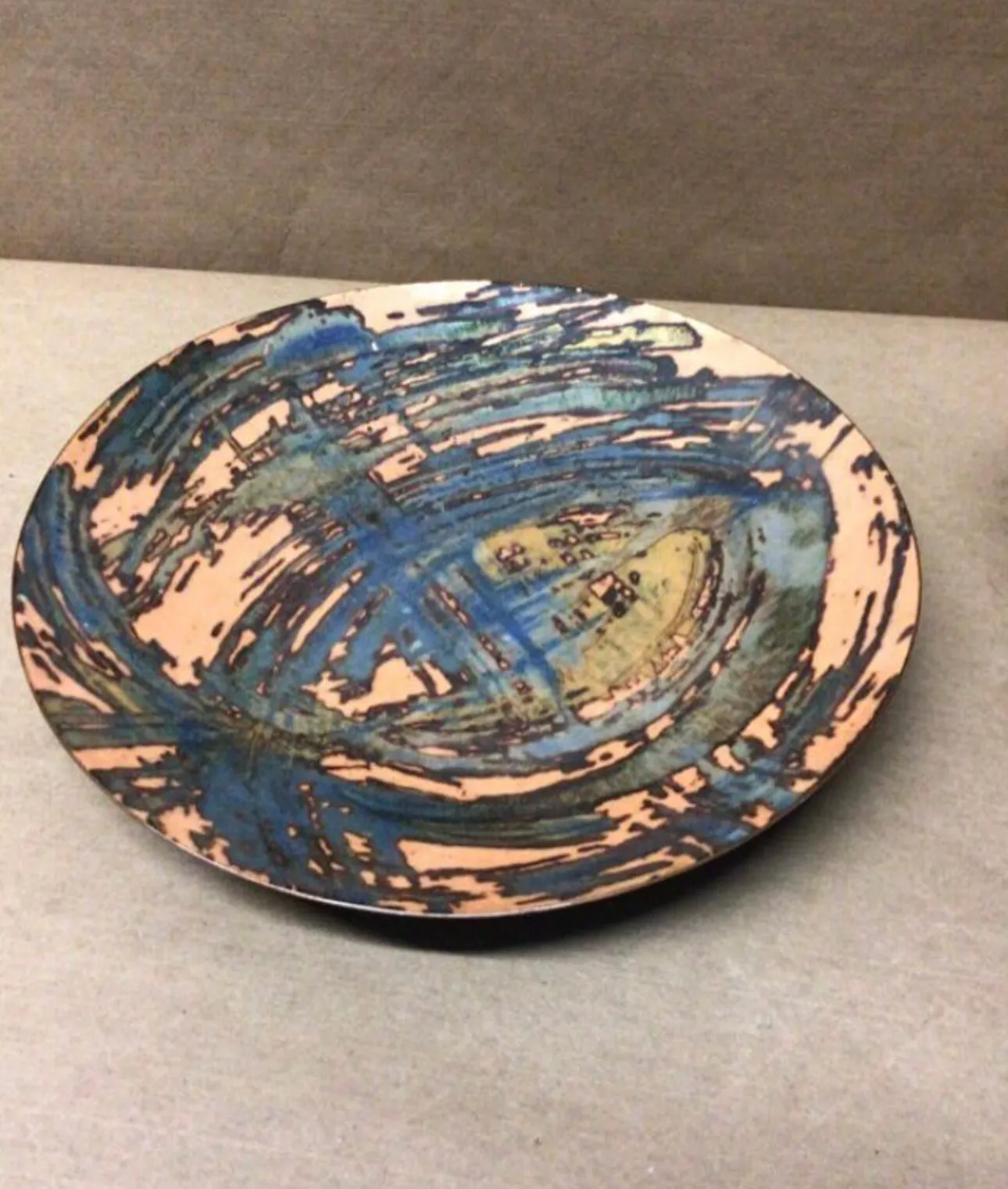 abstract lined glazed plate handmade 10"dia 