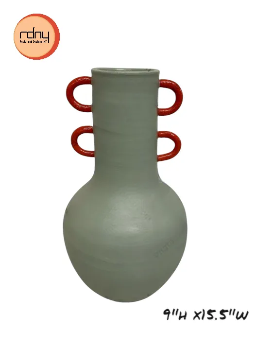 olive green terra cotta  tall  vase red handles 9"w x15.5"h