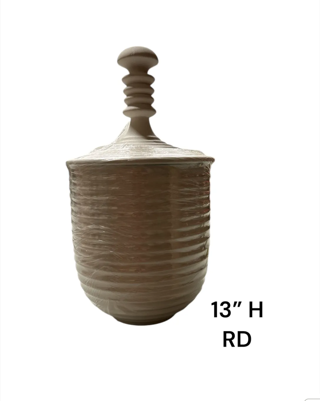 white horizontal grooves ceramic vase with finial  top 13"