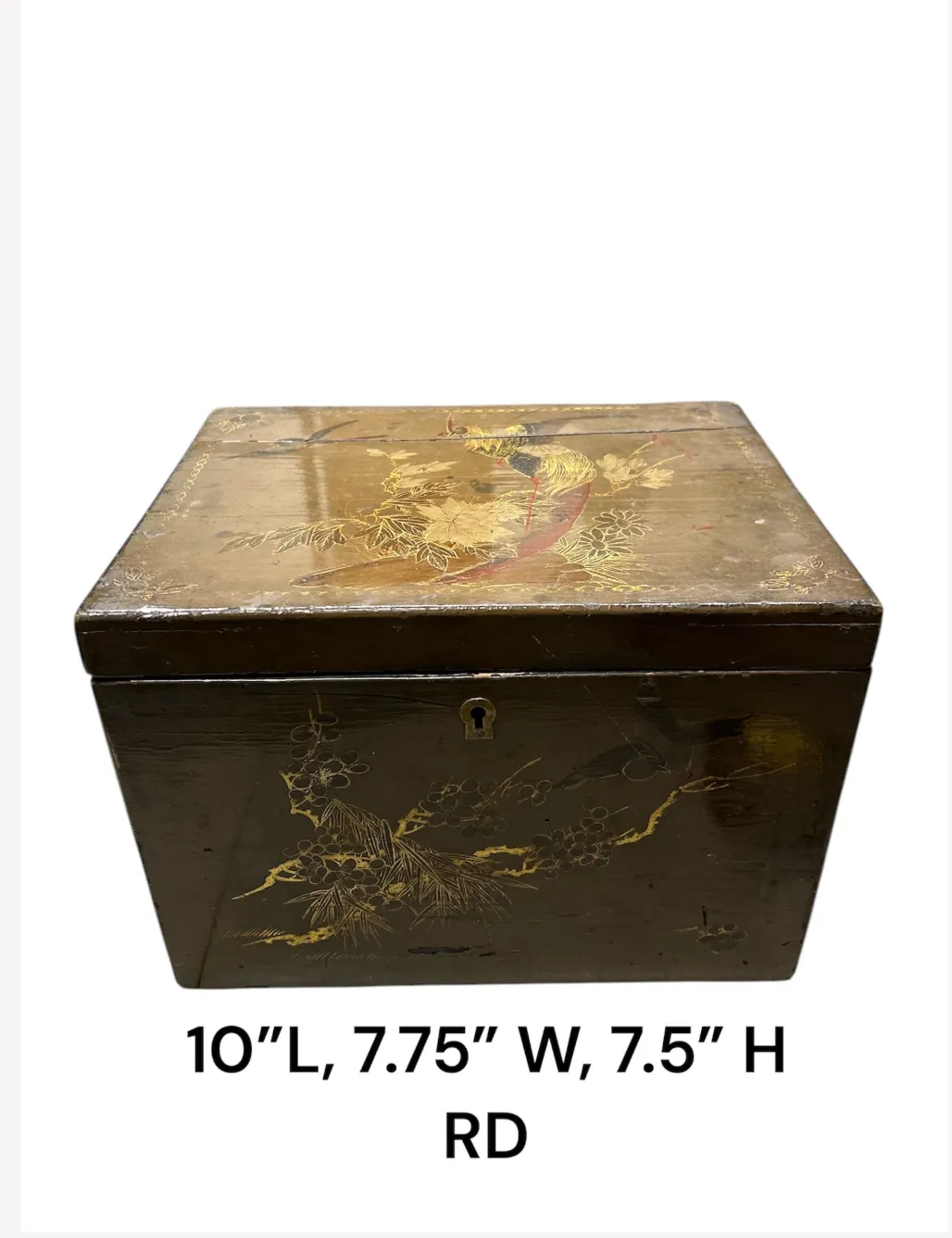 laquer box chinese brown vintage  with rosster deisgn and key hole