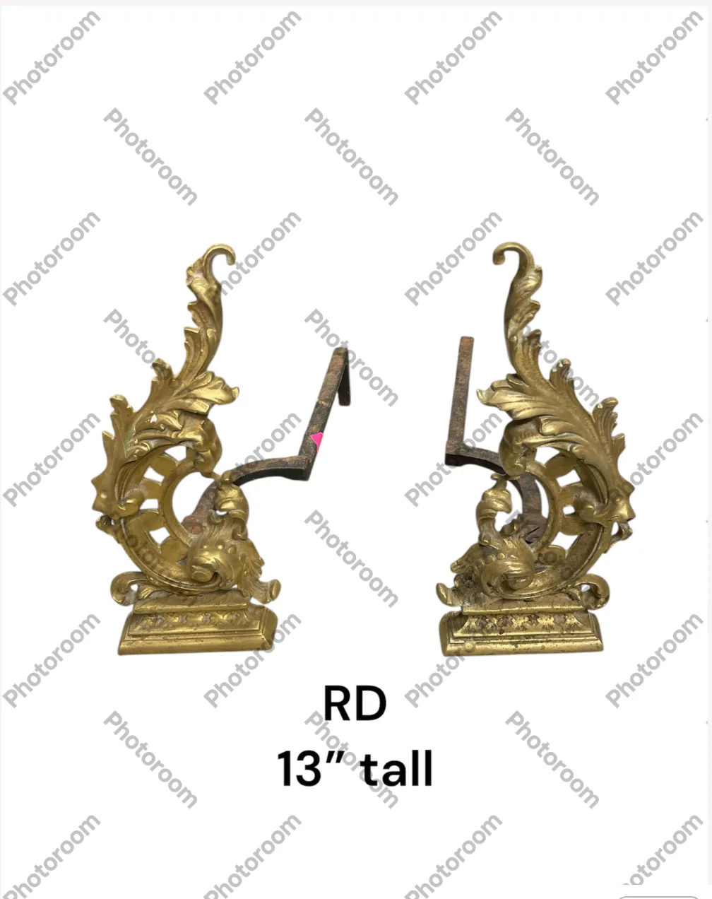 Vintage French Rococo Style Bronze Acanthus Leafy Scroll Andirons - 