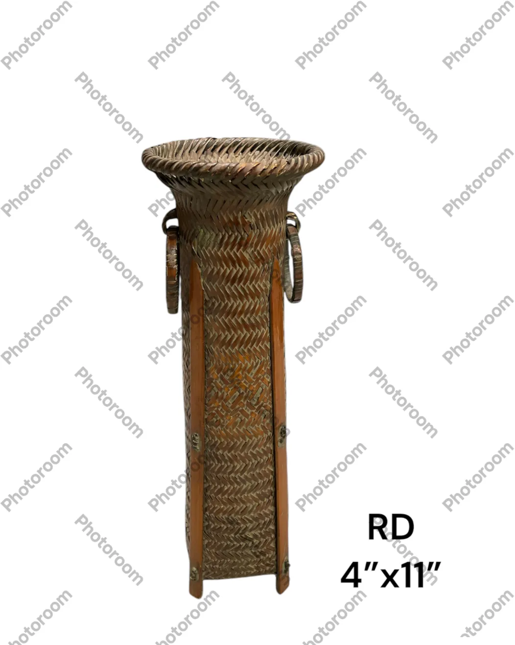 japanese woven basket tall ring handles curved opening