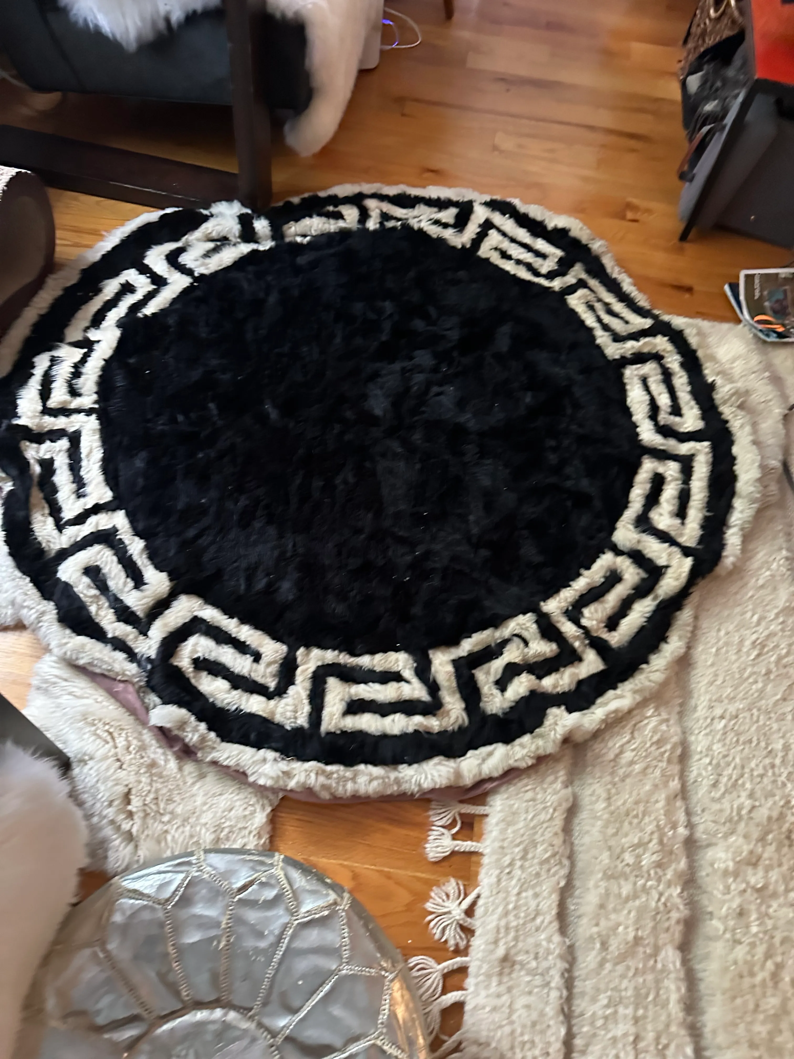 vintage round black fur greek key rug 48" rd