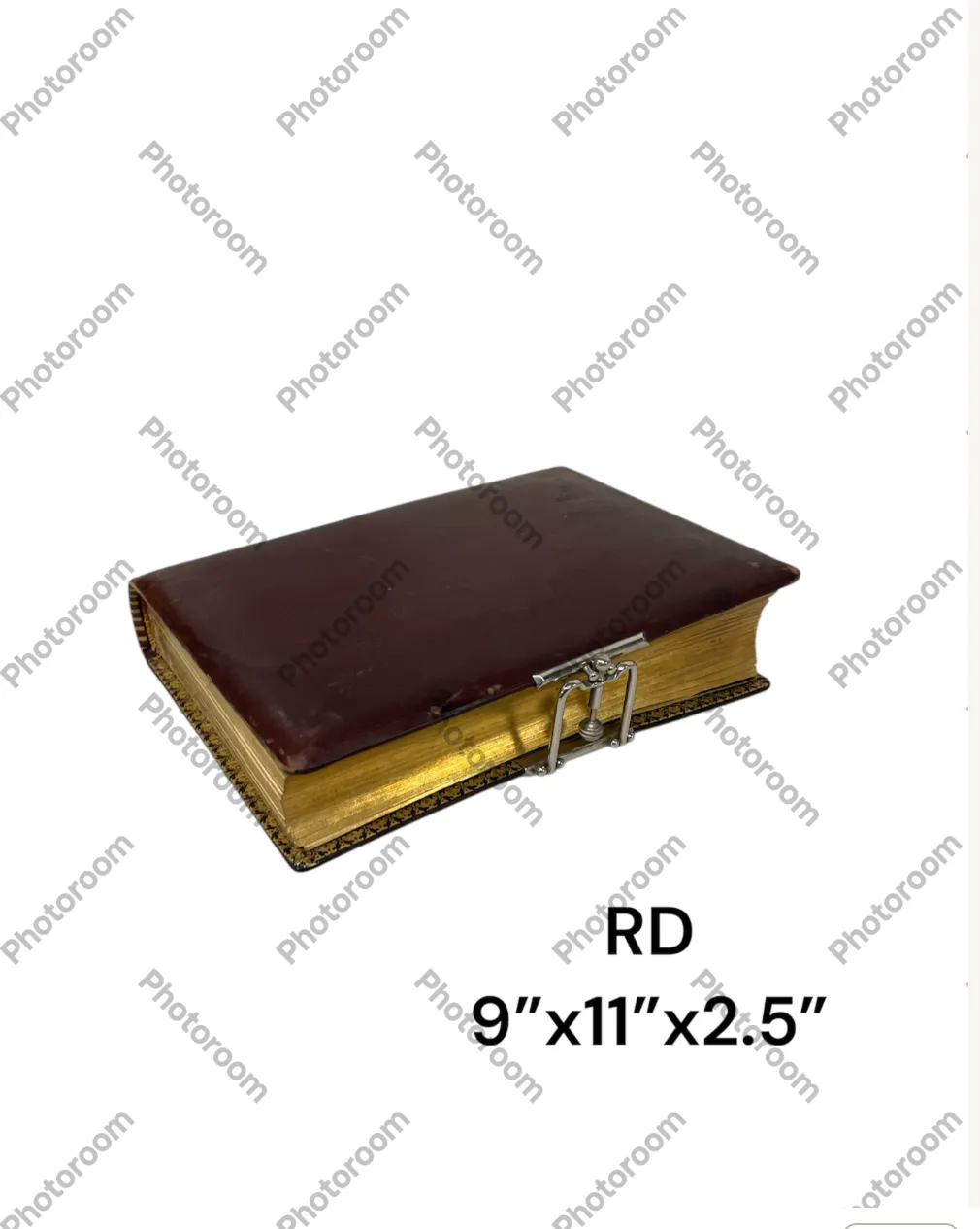 old photo album 1980s book, brown leather cover, gold page edges side lock