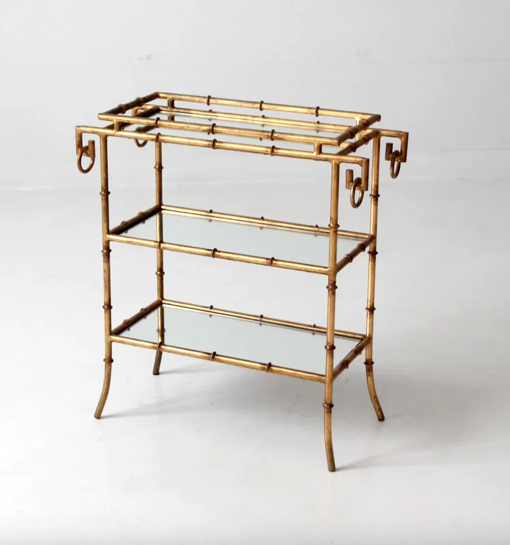 bamboo gilt tray table hollywood regency mirrored glass shelves Carla