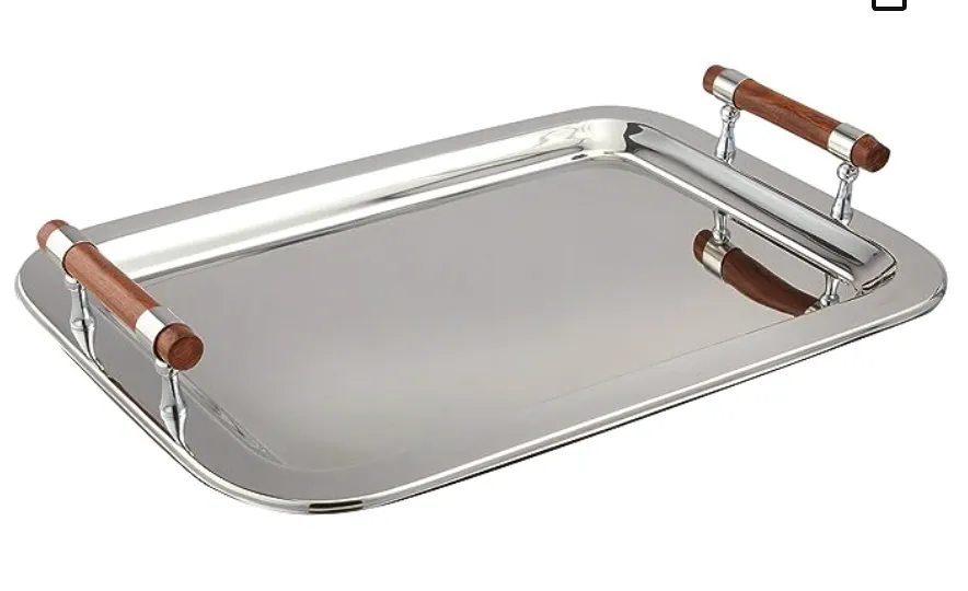 rectangular silver  tray wood handles 22"x16"