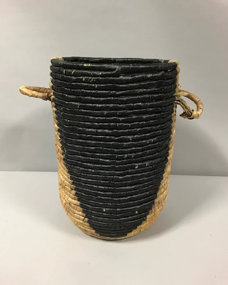 black and natural woven basket with handles 