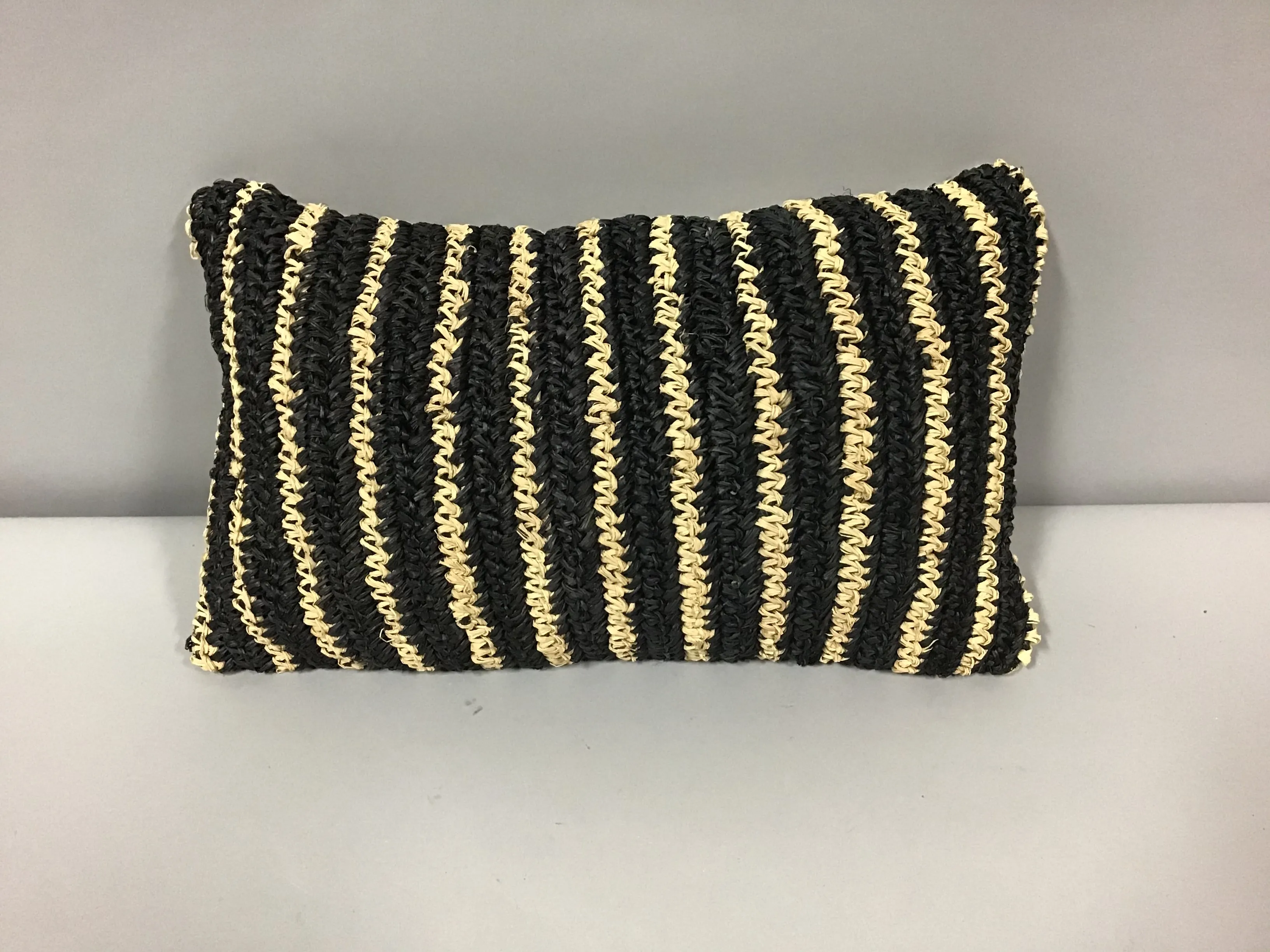 rafia lumbar pillow black and natural striped