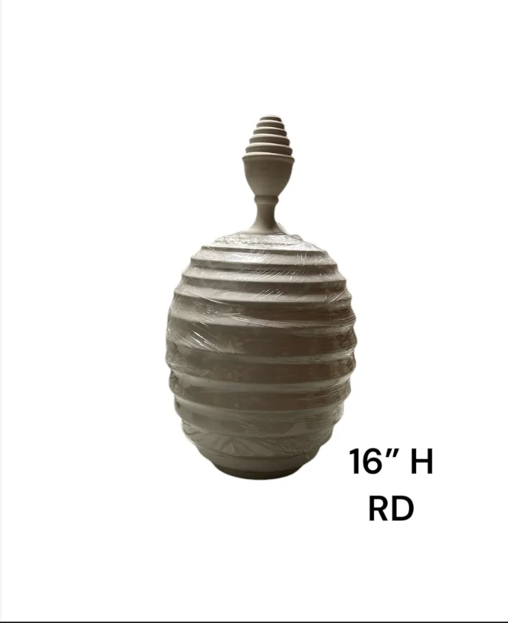 white vase with horzontal grooves global views with spindle  top 16"