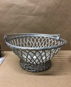 mid century open weave basket aluminum  with folding top handle 12wx6"h