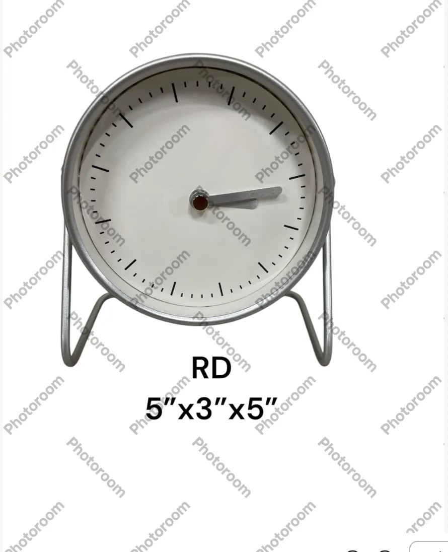clock silver round 5 x3 x5 on stand