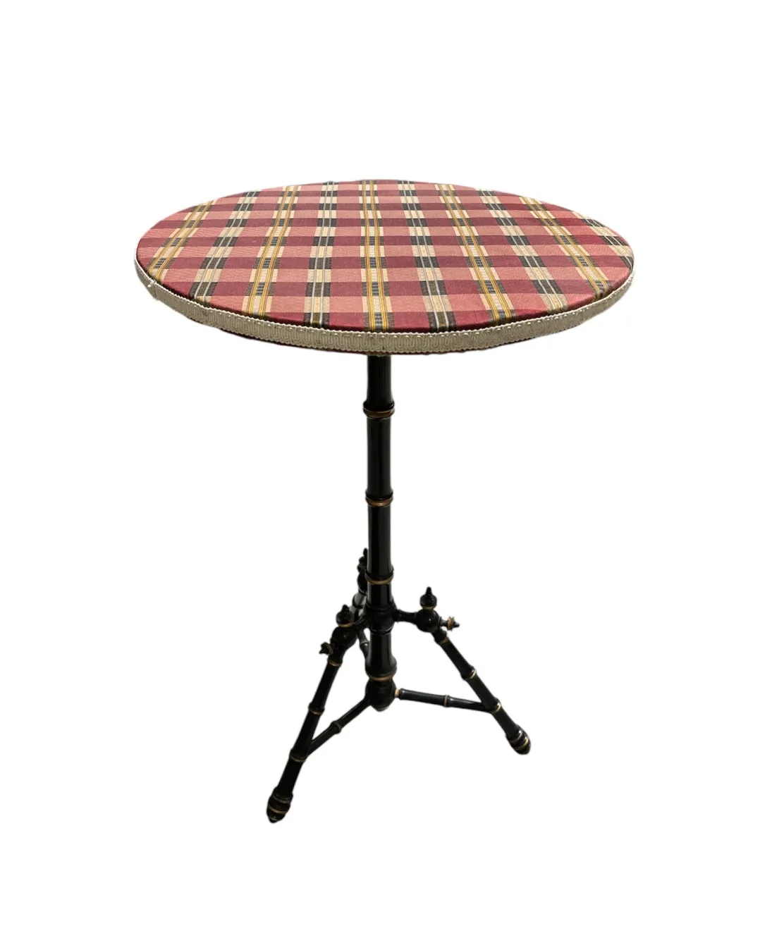 sm antique round side table plaid fabric top 18 x29h