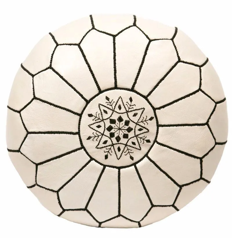 white leather moroccan pouf /black stitching 21"x13"h