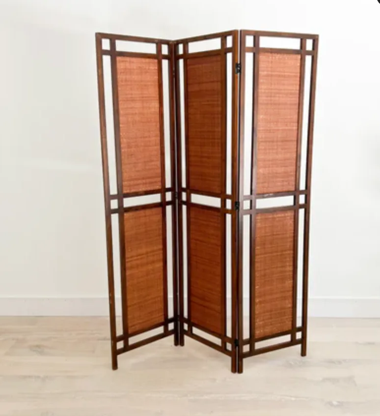 trifold mid century wood cane screen