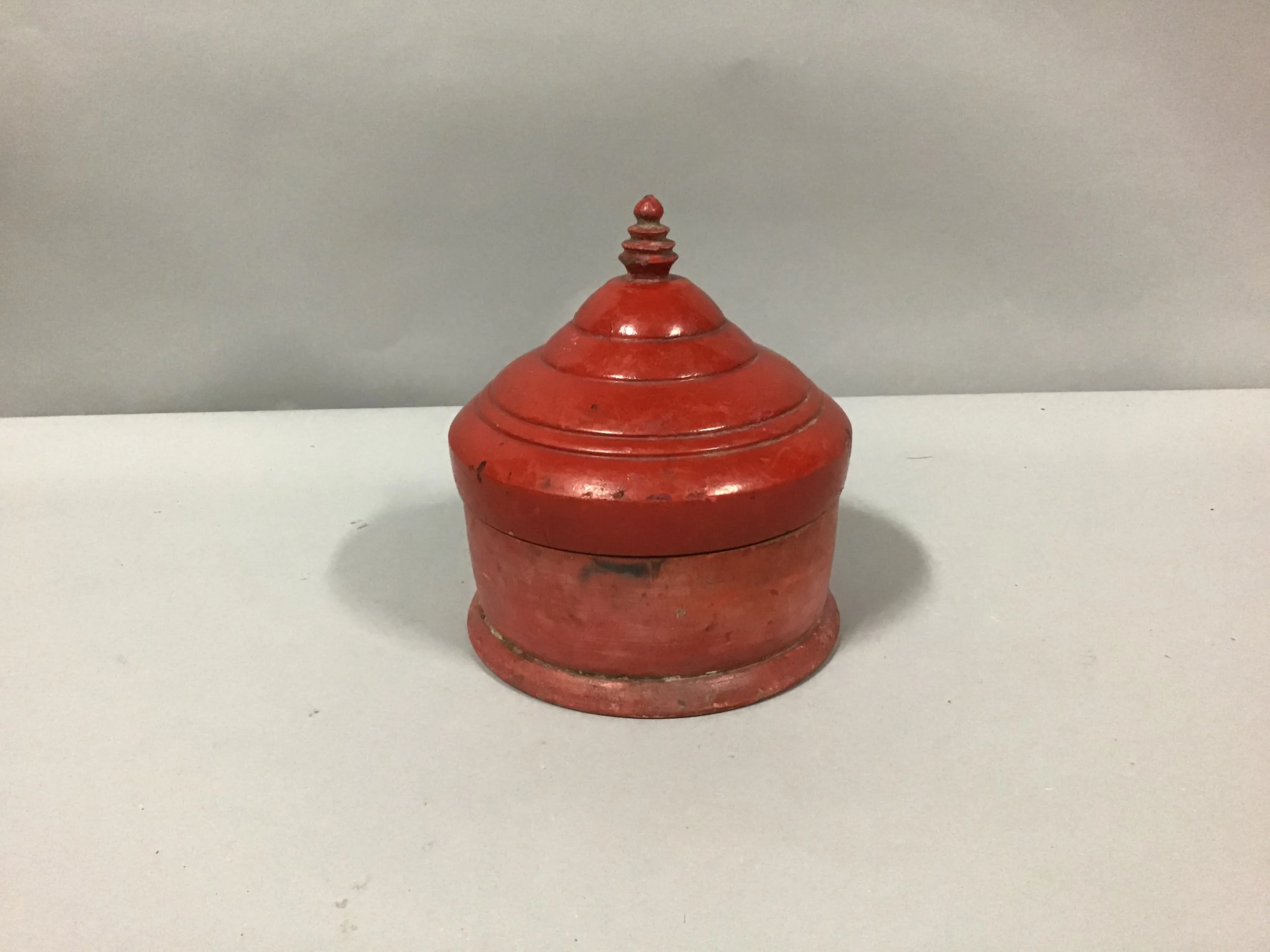 red tribal pot eastern 9" old hand carved wooden tika box indian 