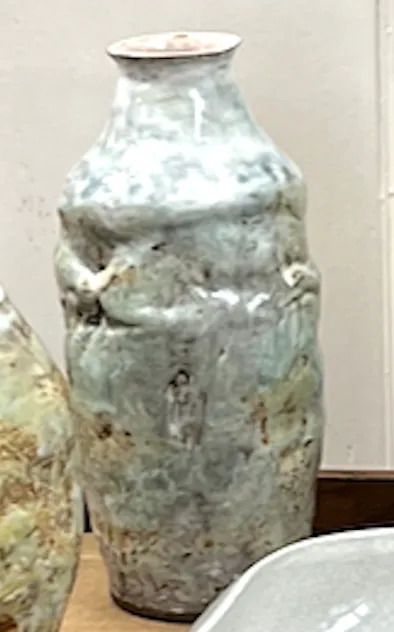 handmade amphora vase green and white glaze 10"