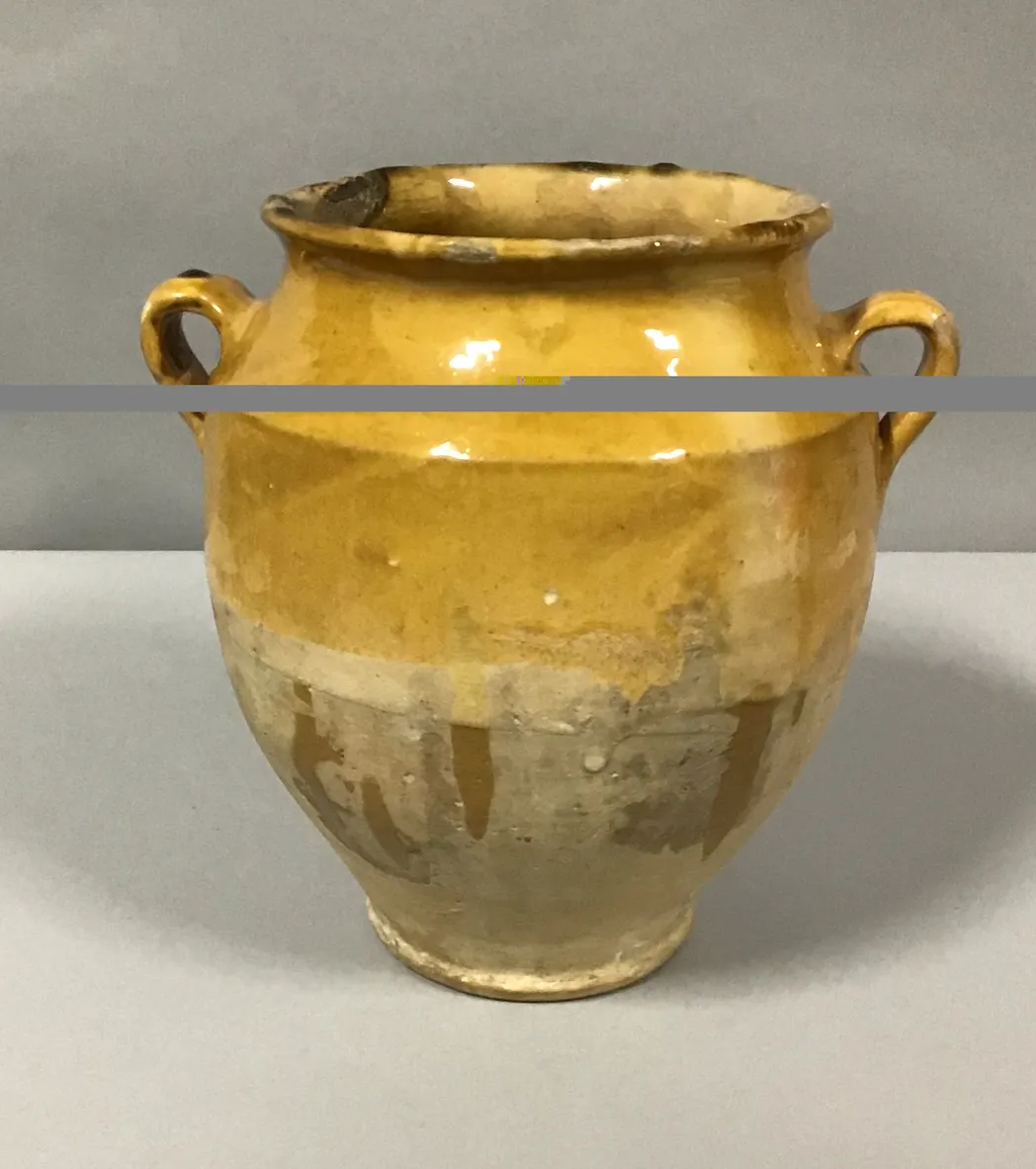 french terracotta antique 19th cen confit pot vase with handles 11"h