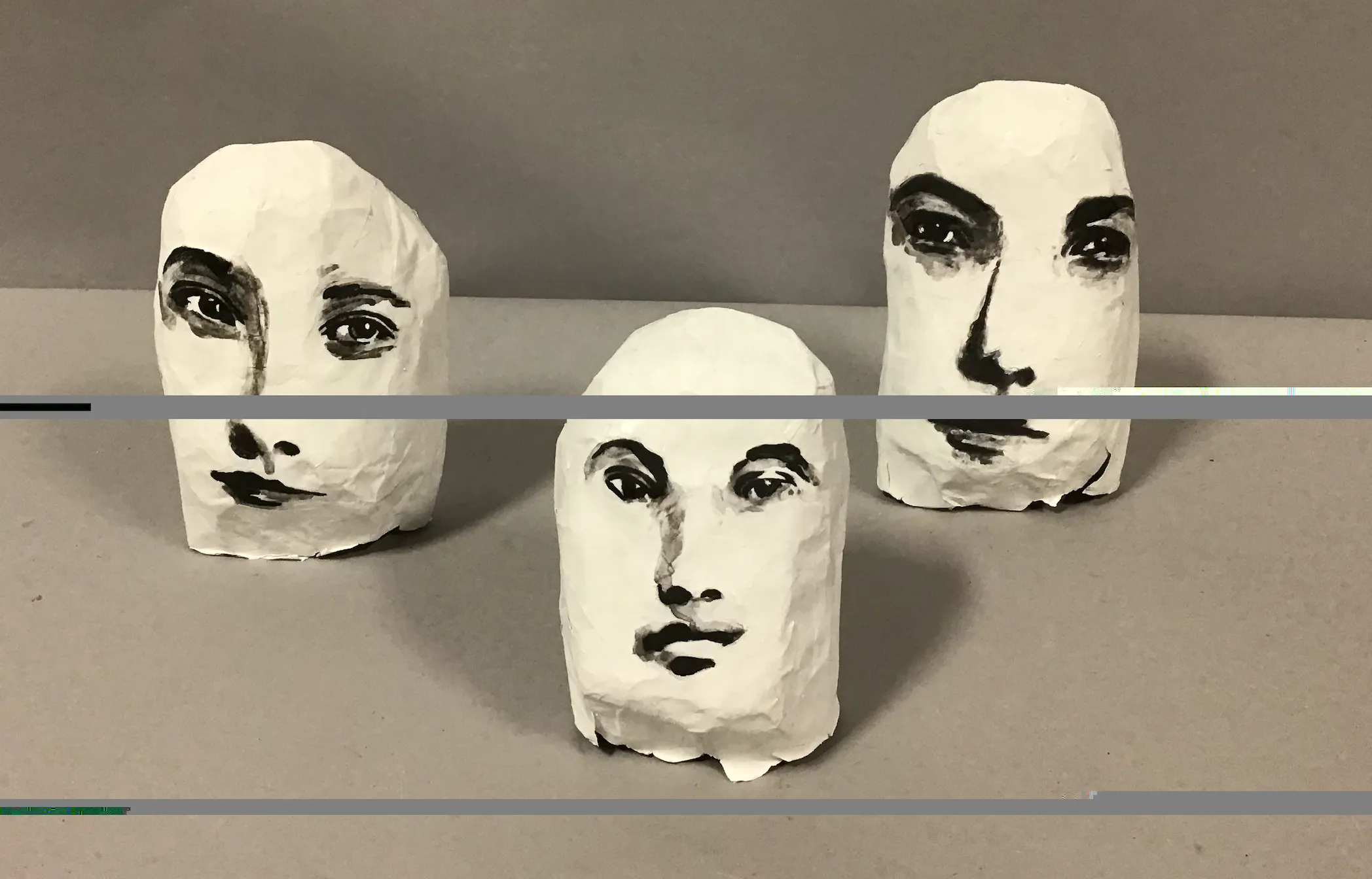 3 papermache face silkscreen 8",7",6"