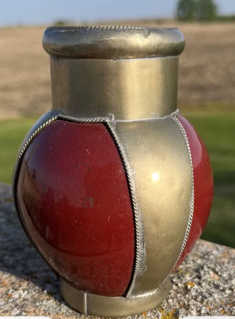 vintage handmade moroccan ceramic vase silver and burgundy 4.75 "and 5"