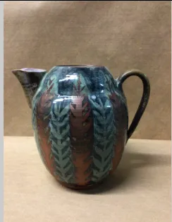 ceramic pitcher handmade blue and brown leaf pattern 9.5 x8"