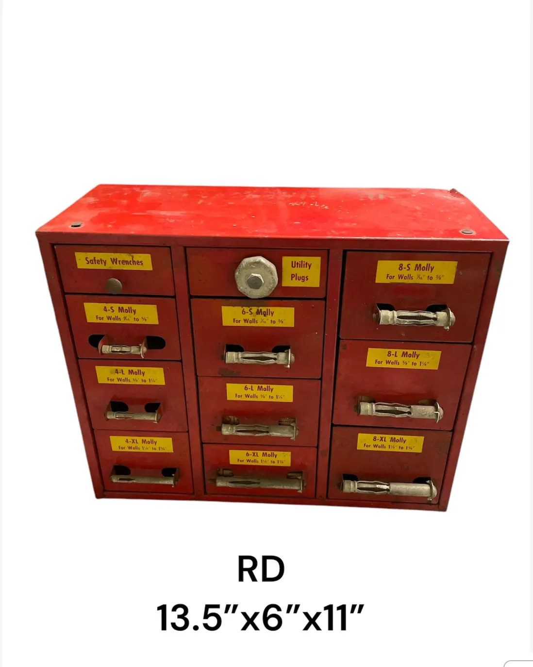hardware vintage  table top metal 11 drawer molly tool box orange/red rust  13.5 x 6x11"h